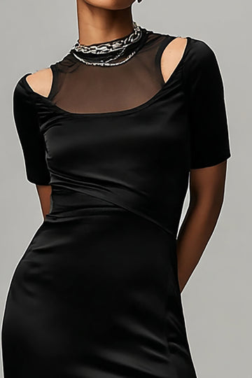 Satin Bodycon Illusion Neck Little Black Dress with Slit